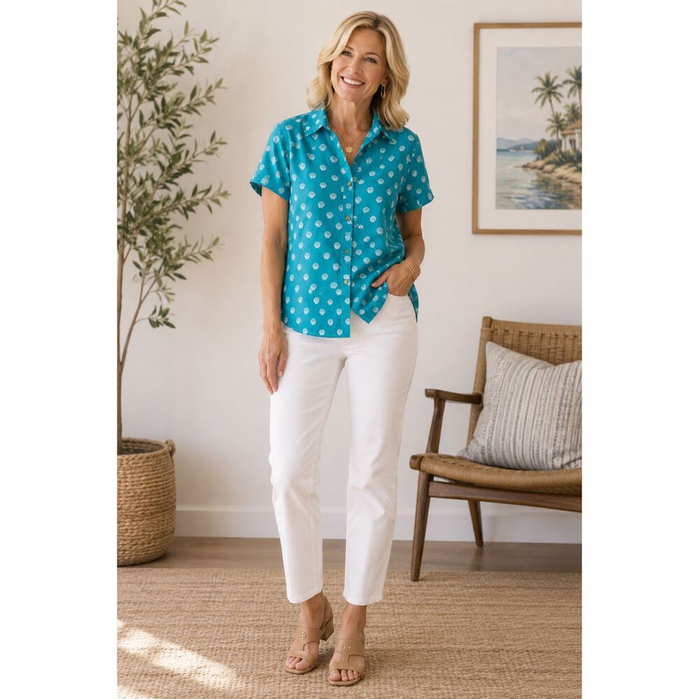 Chico's No-Iron Turquoise Seashell Button Front Shirt L/XL Petite 100% Cotton
